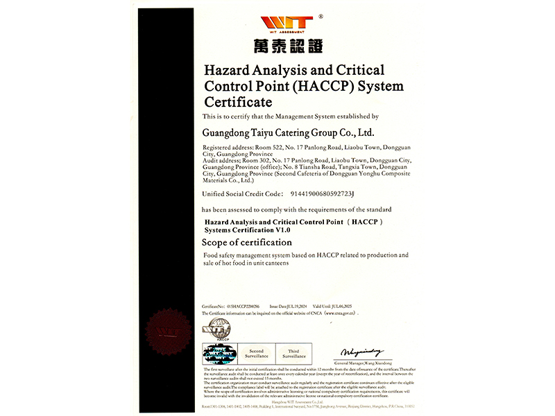 危害分析與關鍵控制點(HACCP)體系認證英文證書